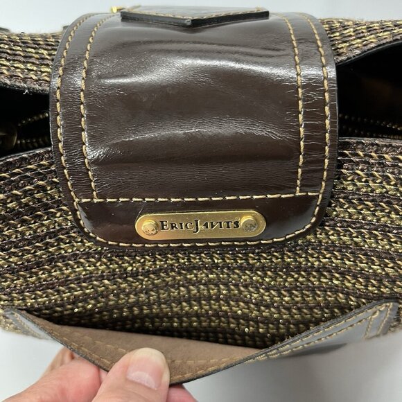Eric Javits Handbag Double Handle Purse Brown‎ Gold Metallic Woven Straw - Picture 8 of 16
